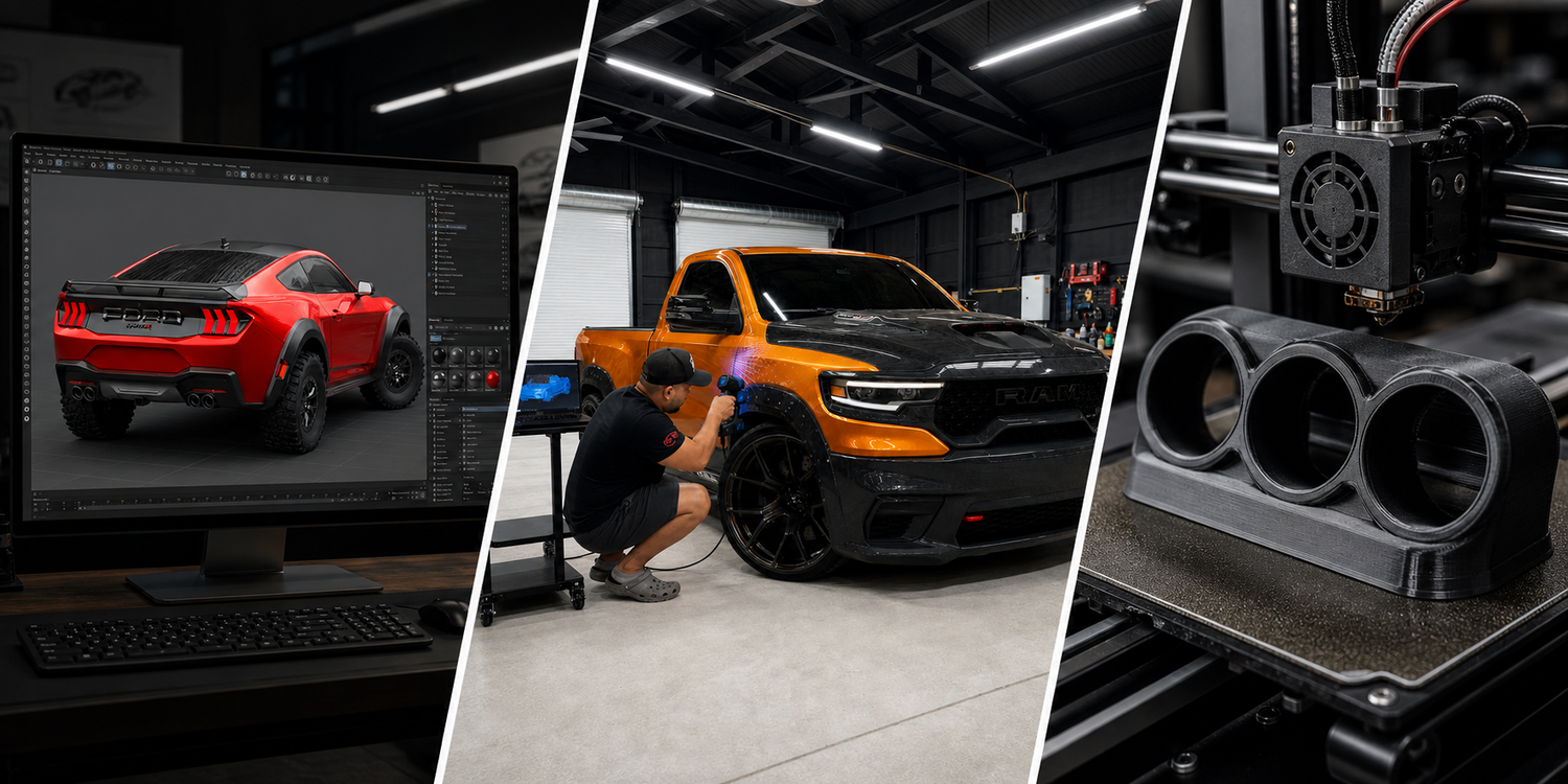 Three panels showing Mustang 3D design, Ram scanning in the workshop, and 3D printing